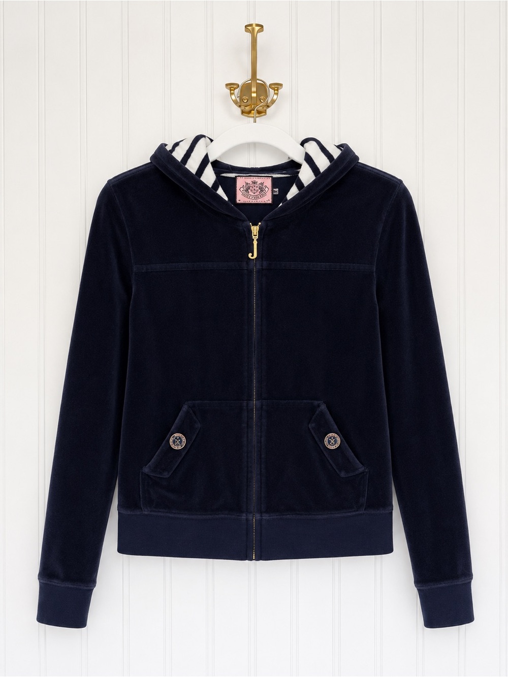 Juicy Couture Navy Velour Zip Up Hoodie Gold J Pull Y2K Size M